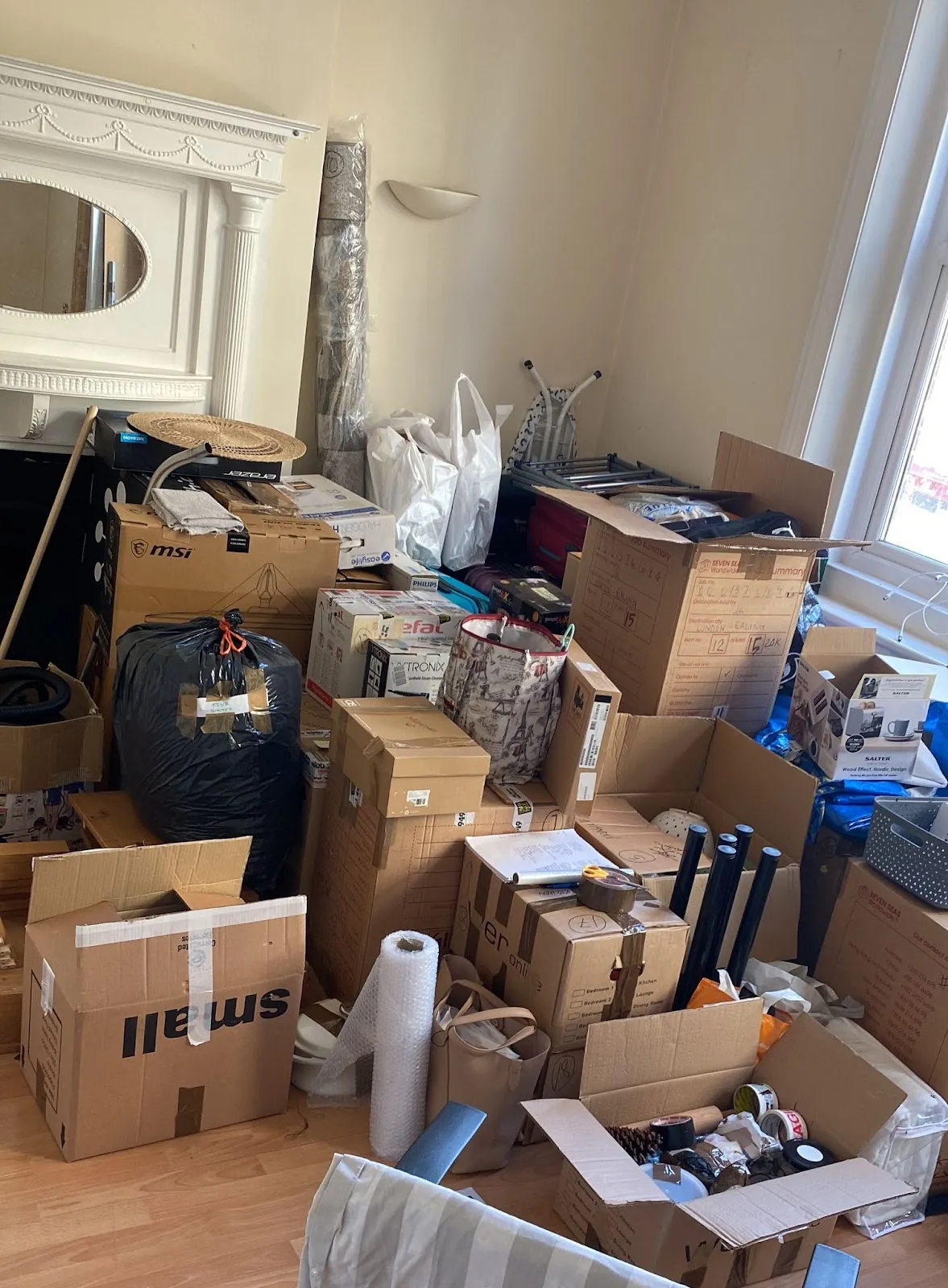 A room packed and labelled ready to move – Hanwell, 4-bed